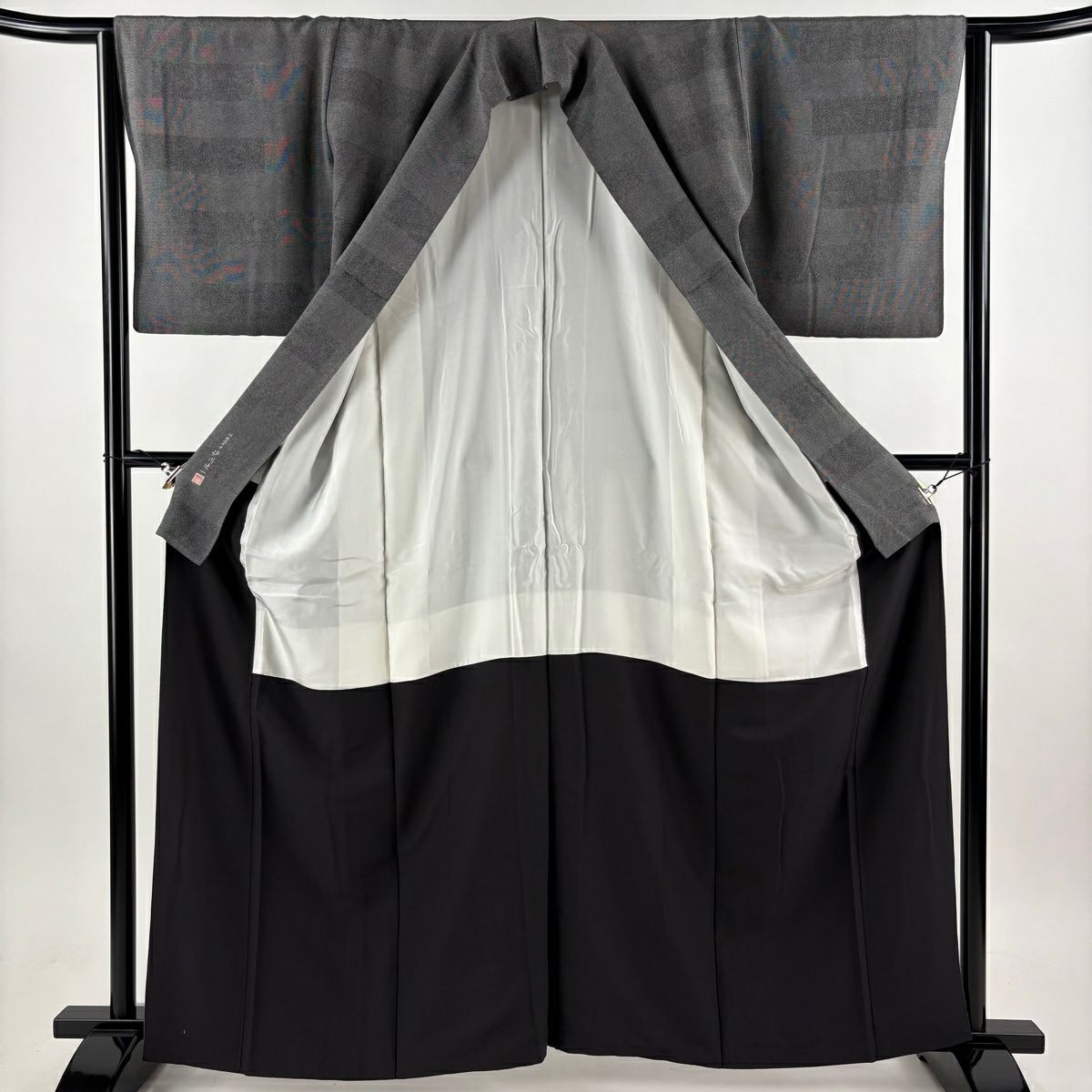 【美品】 江戶小紋 身長162cm 袖長64cm M 雙層 砂川健一 落款あり 寄せ花 段紋 黑灰 純蠶絲 秀品級