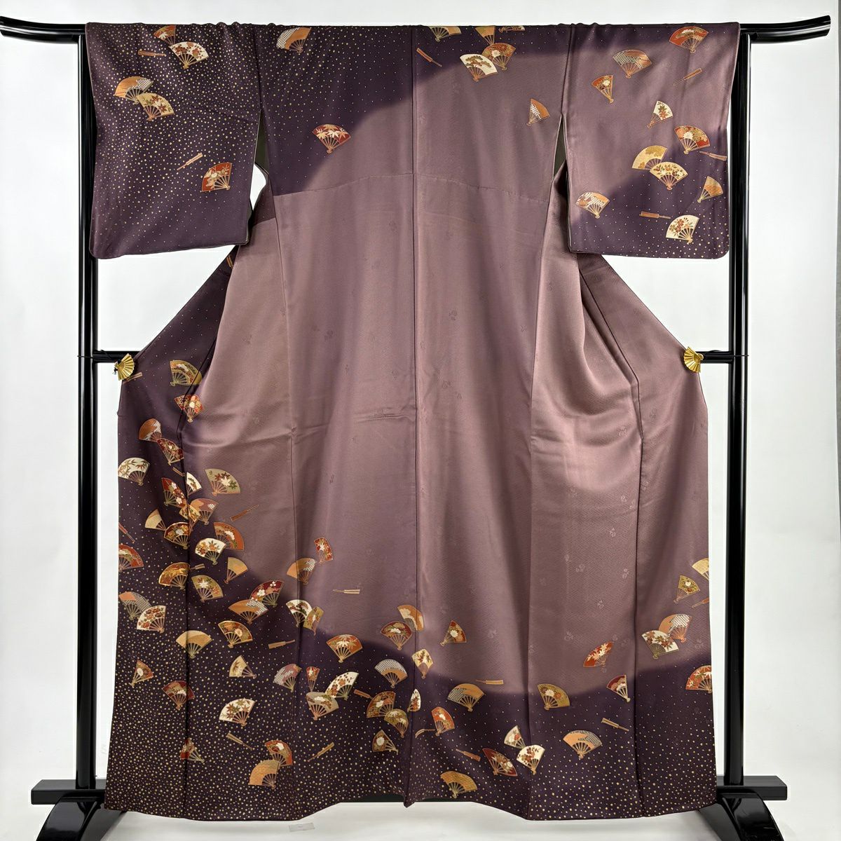 訪問服 身長161.5cm 袖長64cm M 雙層 扇子 松樹竹子梅花 金絲 金銀彩 紫 純蠶絲 秀品級