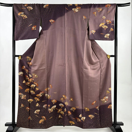 訪問服 身長161.5cm 袖長64cm M 雙層 扇子 松樹竹子梅花 金絲 金銀彩 紫 純蠶絲 秀品級