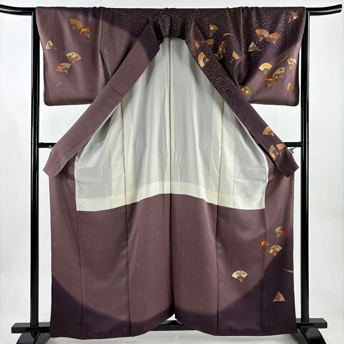 訪問服 身長161.5cm 袖長64cm M 雙層 扇子 松樹竹子梅花 金絲 金銀彩 紫 純蠶絲 秀品級