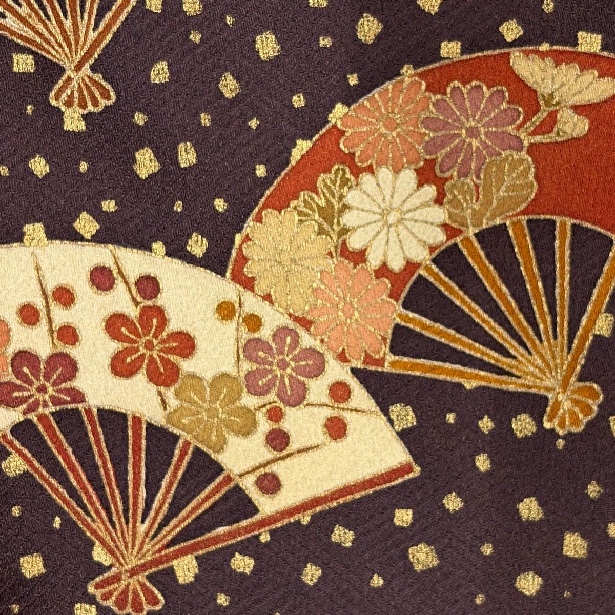 訪問服 身長161.5cm 袖長64cm M 雙層 扇子 松樹竹子梅花 金絲 金銀彩 紫 純蠶絲 秀品級