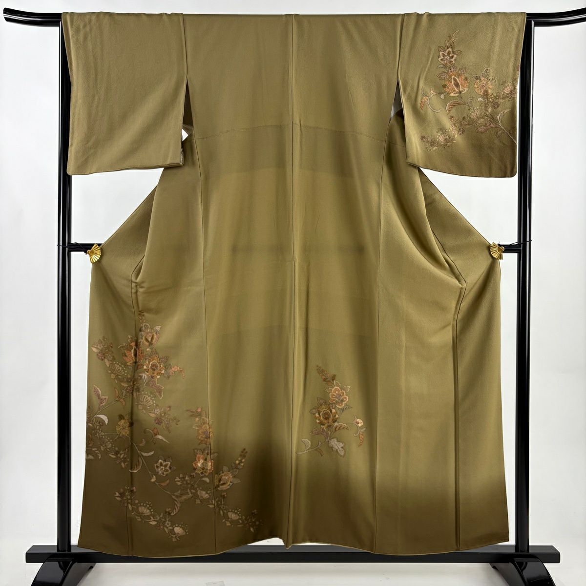 付下 身長158cm 袖長64cm M 雙層 大和 草花紋刺繡 漸層 茶綠 純蠶絲 優品級