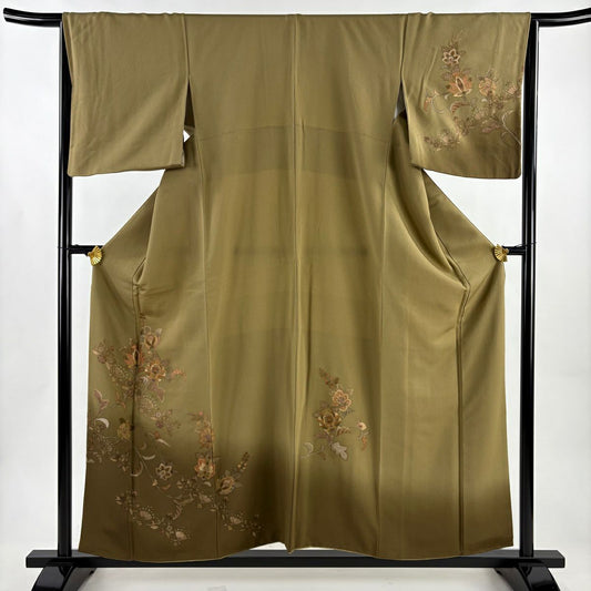 付下 身長158cm 袖長64cm M 雙層 大和 草花紋刺繡 漸層 茶綠 純蠶絲 優品級