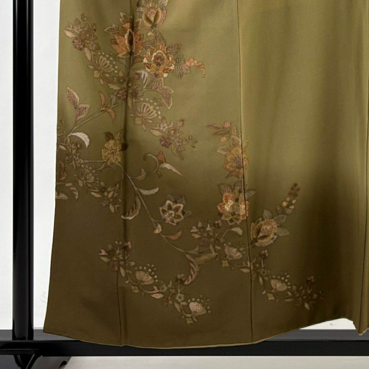 付下 身長158cm 袖長64cm M 雙層 大和 草花紋刺繡 漸層 茶綠 純蠶絲 優品級