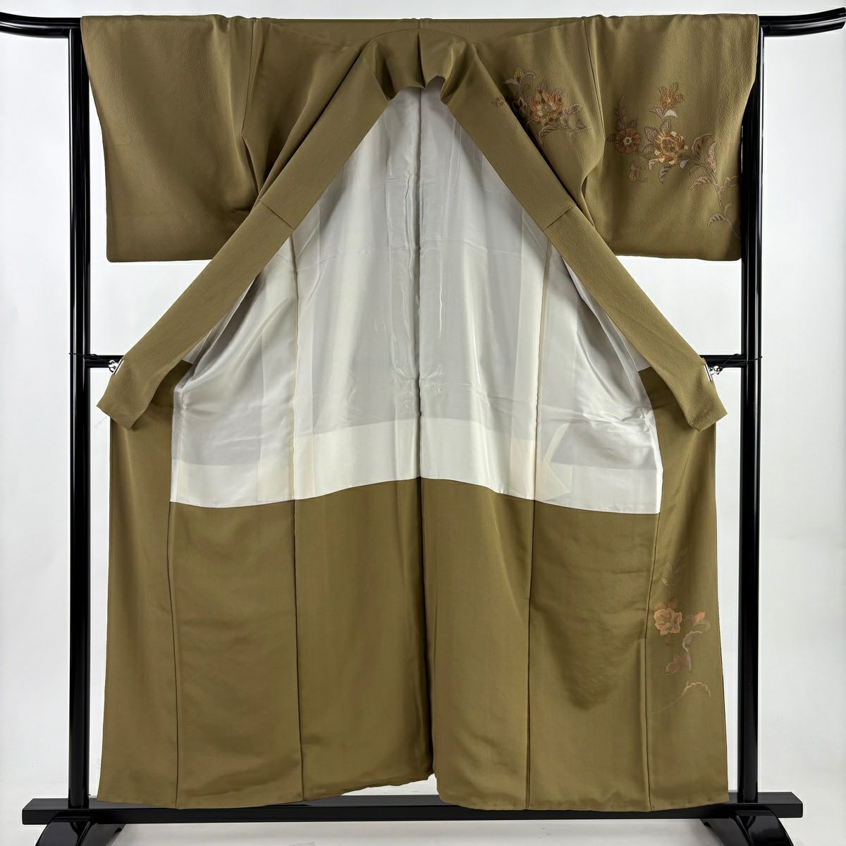 付下 身長158cm 袖長64cm M 雙層 大和 草花紋刺繡 漸層 茶綠 純蠶絲 優品級