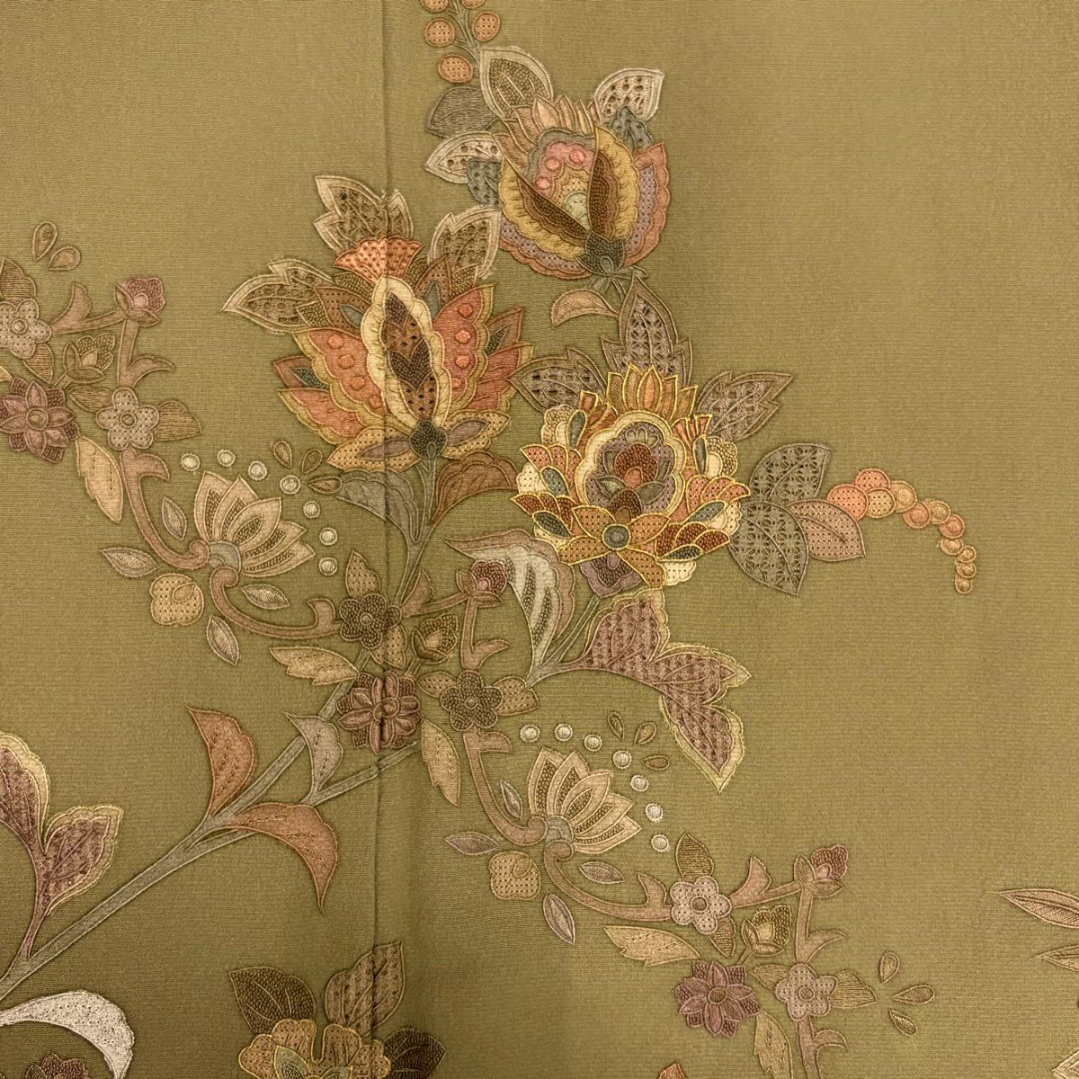 付下 身長158cm 袖長64cm M 雙層 大和 草花紋刺繡 漸層 茶綠 純蠶絲 優品級