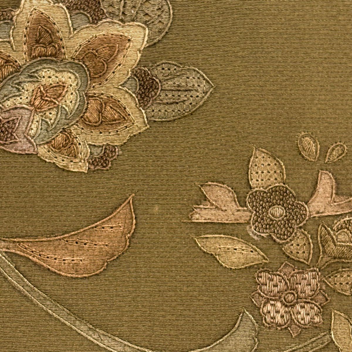 付下 身長158cm 袖長64cm M 雙層 大和 草花紋刺繡 漸層 茶綠 純蠶絲 優品級