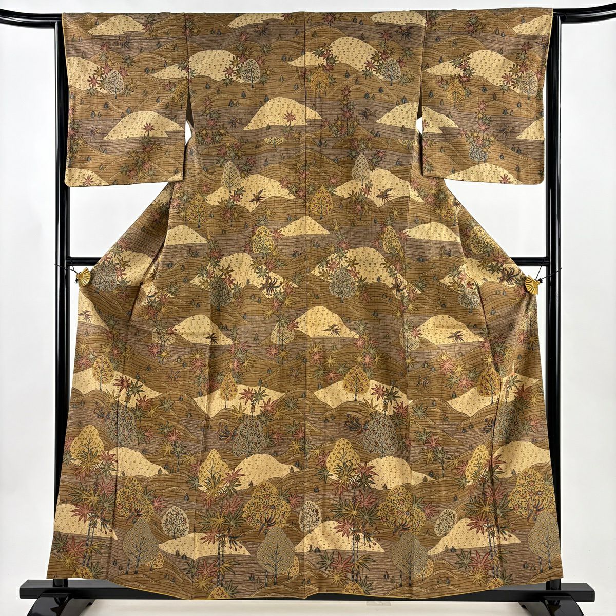 【美品】 付下 身長159.5cm 袖長64.5cm M 雙層 紬織織 落款あり 草花紋紋 鳥圖案 染分 茶 純蠶絲 秀品級