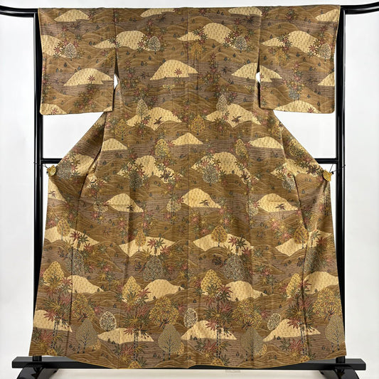【美品】 付下 身長159.5cm 袖長64.5cm M 雙層 紬織織 落款あり 草花紋紋 鳥圖案 染分 茶 純蠶絲 秀品級