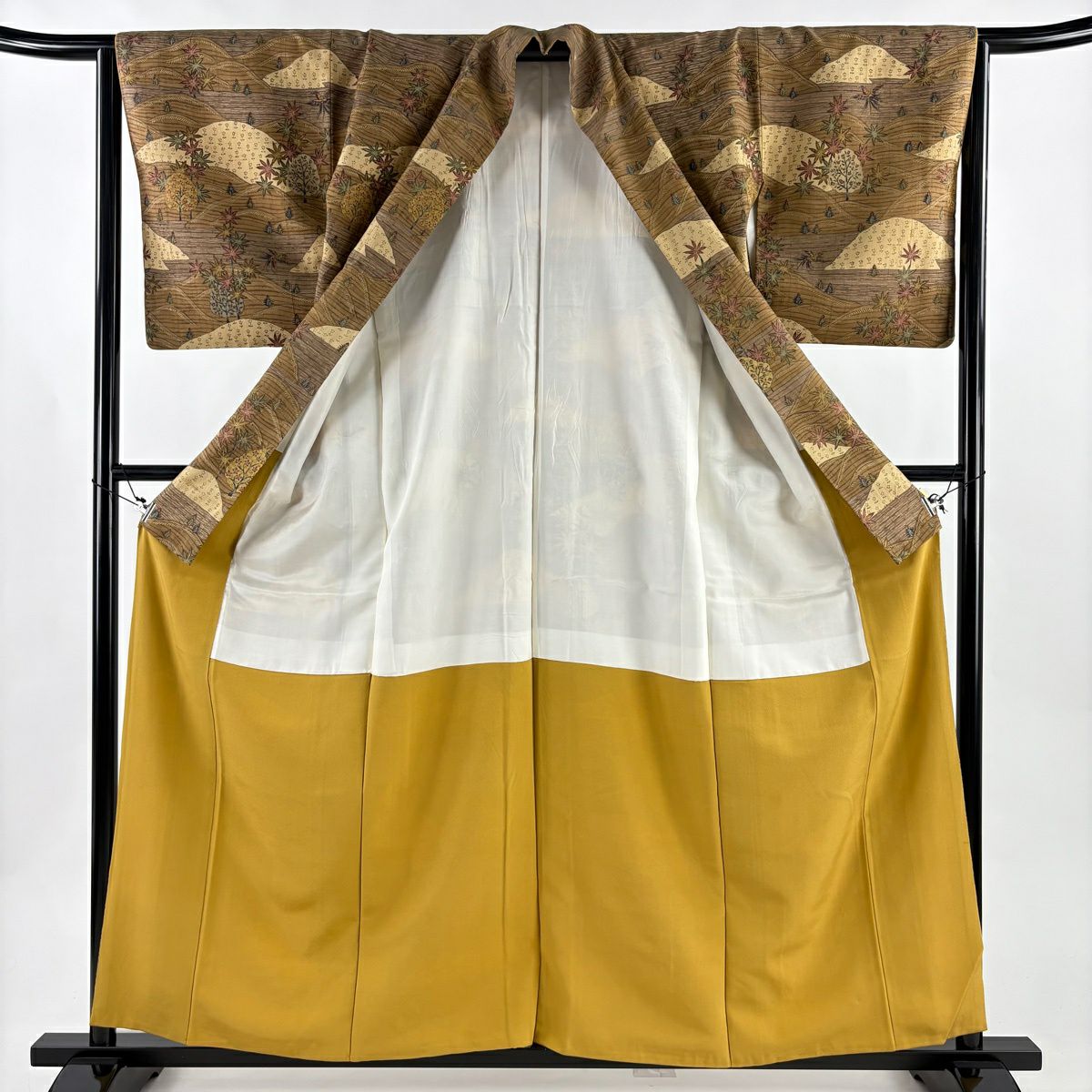 【美品】 付下 身長159.5cm 袖長64.5cm M 雙層 紬織織 落款あり 草花紋紋 鳥圖案 染分 茶 純蠶絲 秀品級