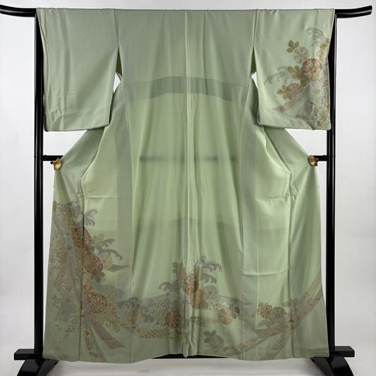 訪問服 身長160.5cm 袖長66.5cm M 雙層 大和 熨斗紋 華紋 刺繡 金絲 淺綠 純蠶絲 秀品級