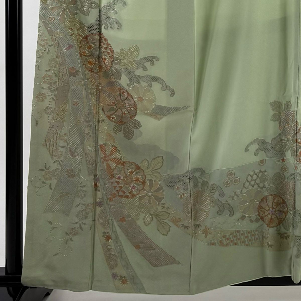 訪問服 身長160.5cm 袖長66.5cm M 雙層 大和 熨斗紋 華紋 刺繡 金絲 淺綠 純蠶絲 秀品級