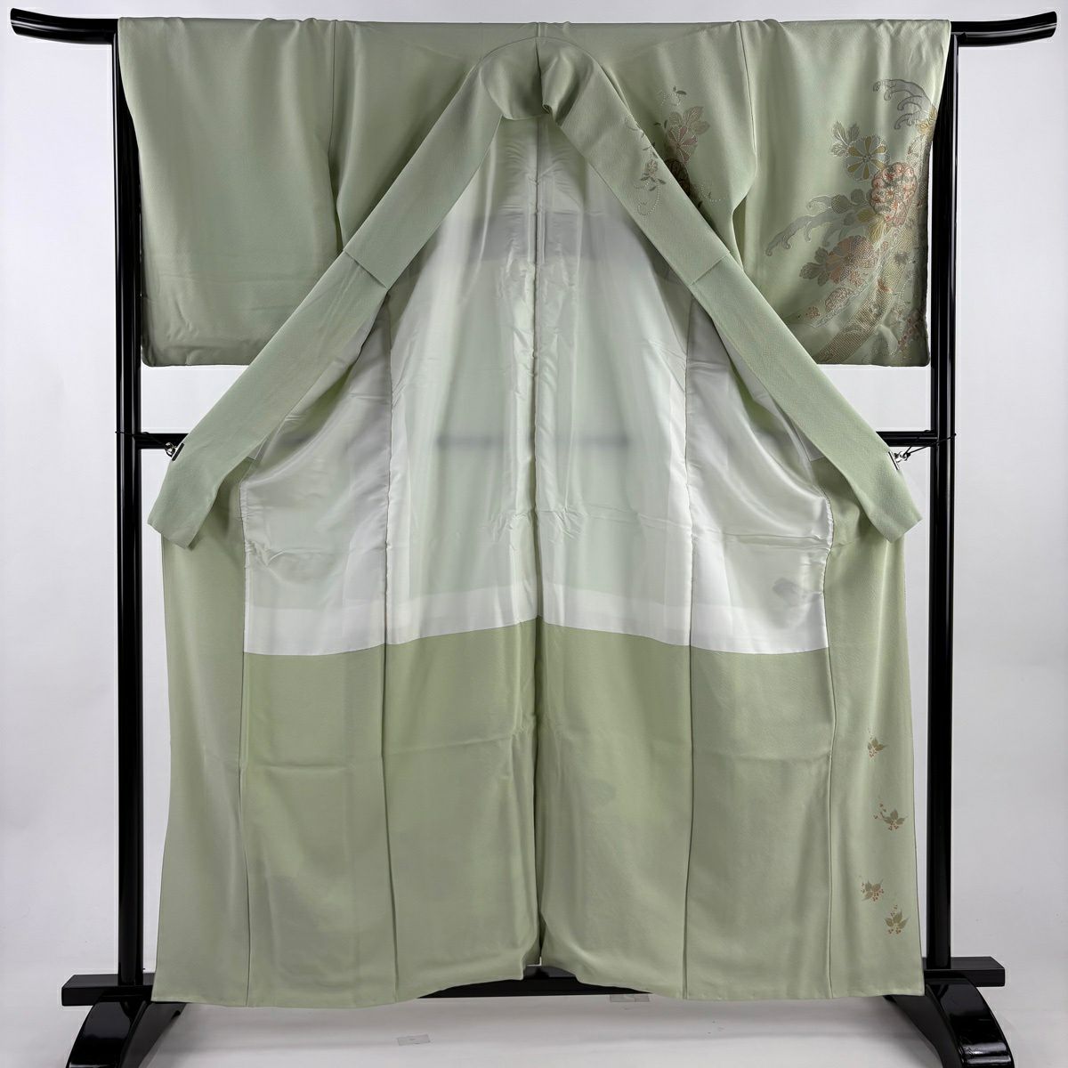 訪問服 身長160.5cm 袖長66.5cm M 雙層 大和 熨斗紋 華紋 刺繡 金絲 淺綠 純蠶絲 秀品級