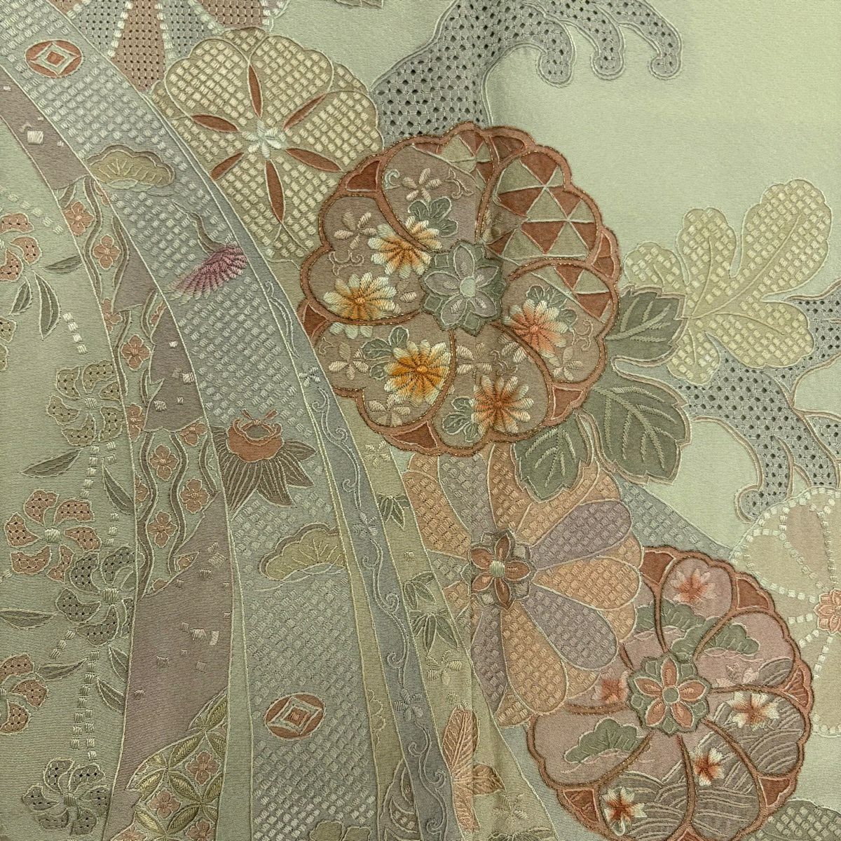 訪問服 身長160.5cm 袖長66.5cm M 雙層 大和 熨斗紋 華紋 刺繡 金絲 淺綠 純蠶絲 秀品級