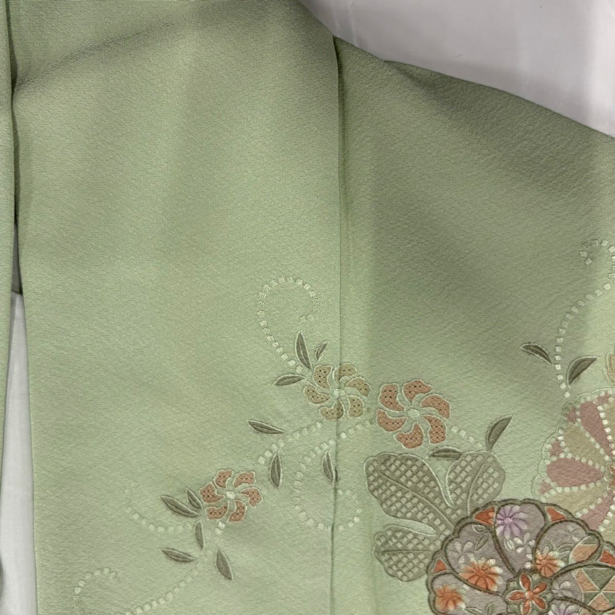 訪問服 身長160.5cm 袖長66.5cm M 雙層 大和 熨斗紋 華紋 刺繡 金絲 淺綠 純蠶絲 秀品級
