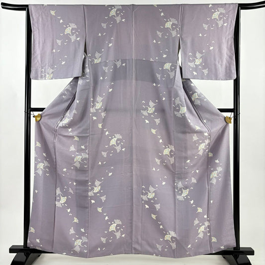 小紋 身長162cm 袖長65cm M 雙層 銀杏 草花紋紋 淺紫 純蠶絲 優品級