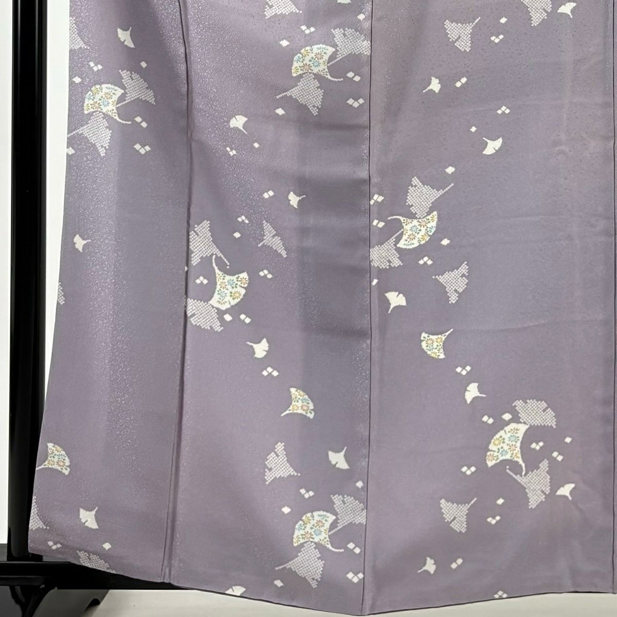 小紋 身長162cm 袖長65cm M 雙層 銀杏 草花紋紋 淺紫 純蠶絲 優品級