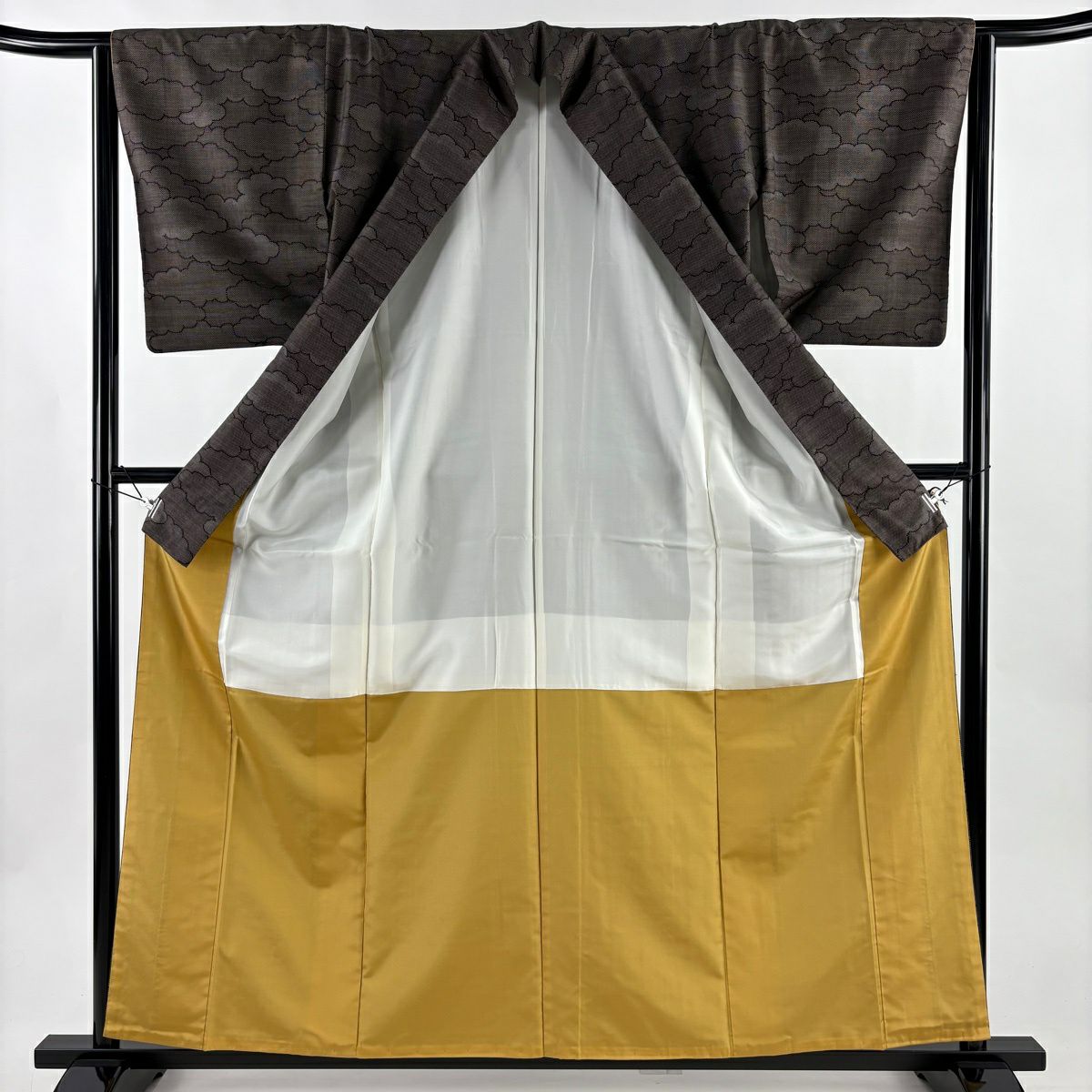 【美品】 紬織 身長160cm 袖長65cm M 雙層 雲文 焦茶 純蠶絲 秀品級