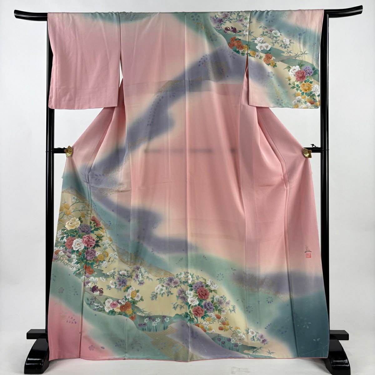 訪問服 身長169cm 袖長65.5cm M 雙層 落款 草花紋紋 鴛鴦刺繡 金彩裝飾 淺粉色 純蠶絲 優品級