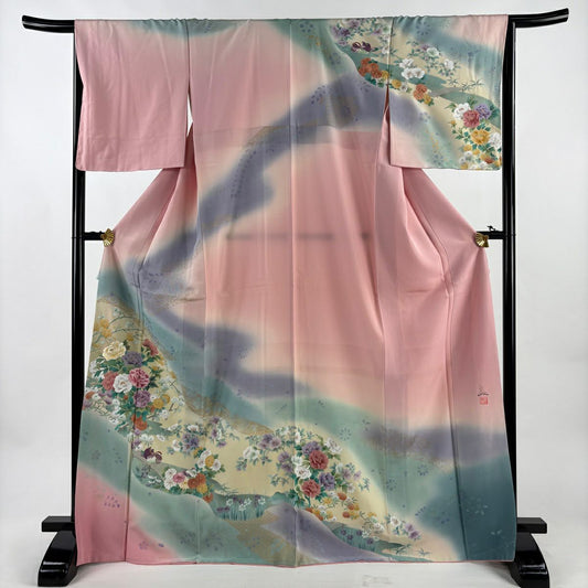 訪問服 身長169cm 袖長65.5cm M 雙層 落款 草花紋紋 鴛鴦刺繡 金彩裝飾 淺粉色 純蠶絲 優品級