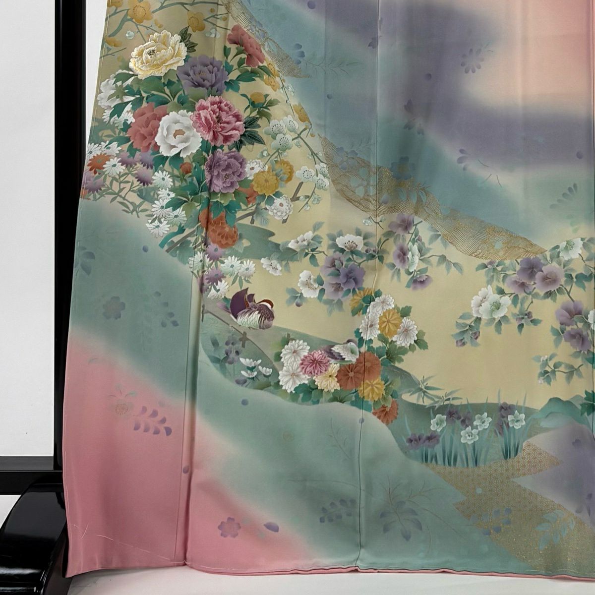 訪問服 身長169cm 袖長65.5cm M 雙層 落款 草花紋紋 鴛鴦刺繡 金彩裝飾 淺粉色 純蠶絲 優品級