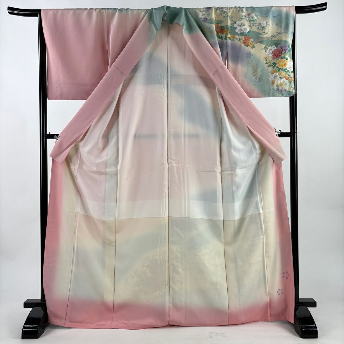 訪問服 身長169cm 袖長65.5cm M 雙層 落款 草花紋紋 鴛鴦刺繡 金彩裝飾 淺粉色 純蠶絲 優品級