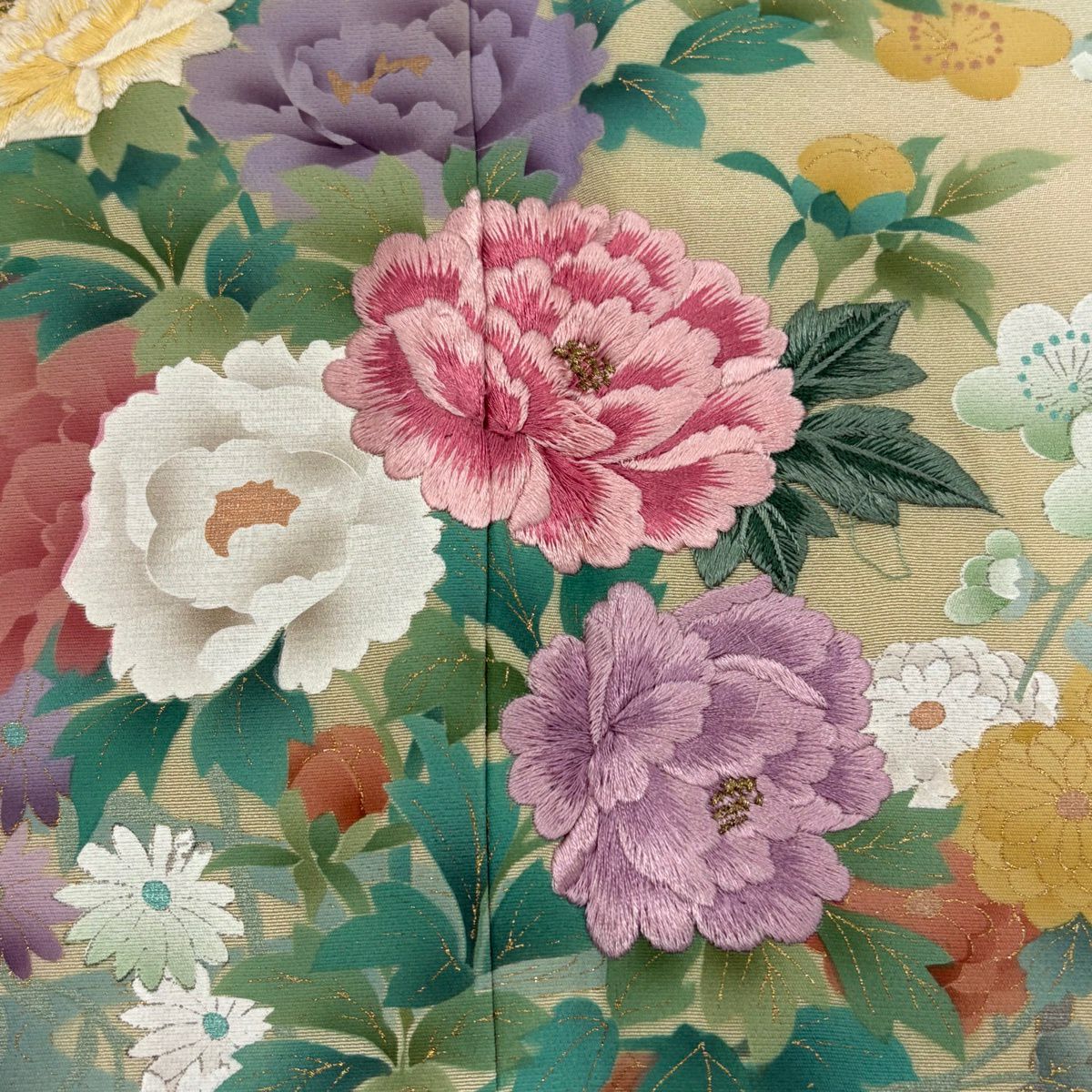 訪問服 身長169cm 袖長65.5cm M 雙層 落款 草花紋紋 鴛鴦刺繡 金彩裝飾 淺粉色 純蠶絲 優品級