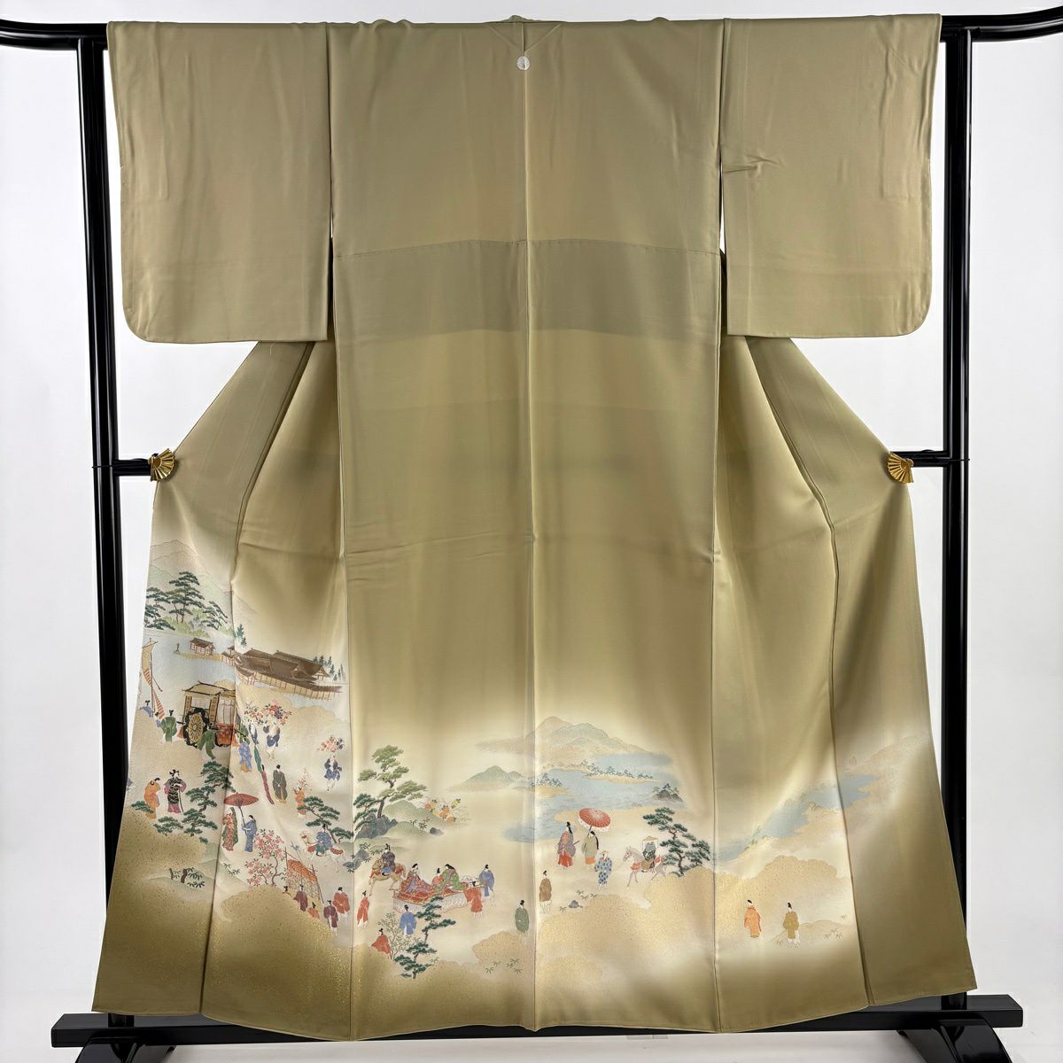 【美品】 留袖禮服禮服 身長156.5cm 袖長62.5cm S 雙層 風景 人物 金糸 淺茶 純蠶絲 秀品級 一つ紋