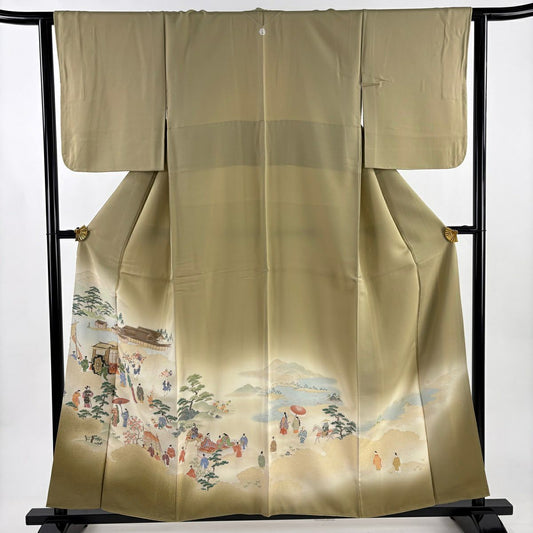 【美品】 留袖禮服禮服 身長156.5cm 袖長62.5cm S 雙層 風景 人物 金糸 淺茶 純蠶絲 秀品級 一つ紋