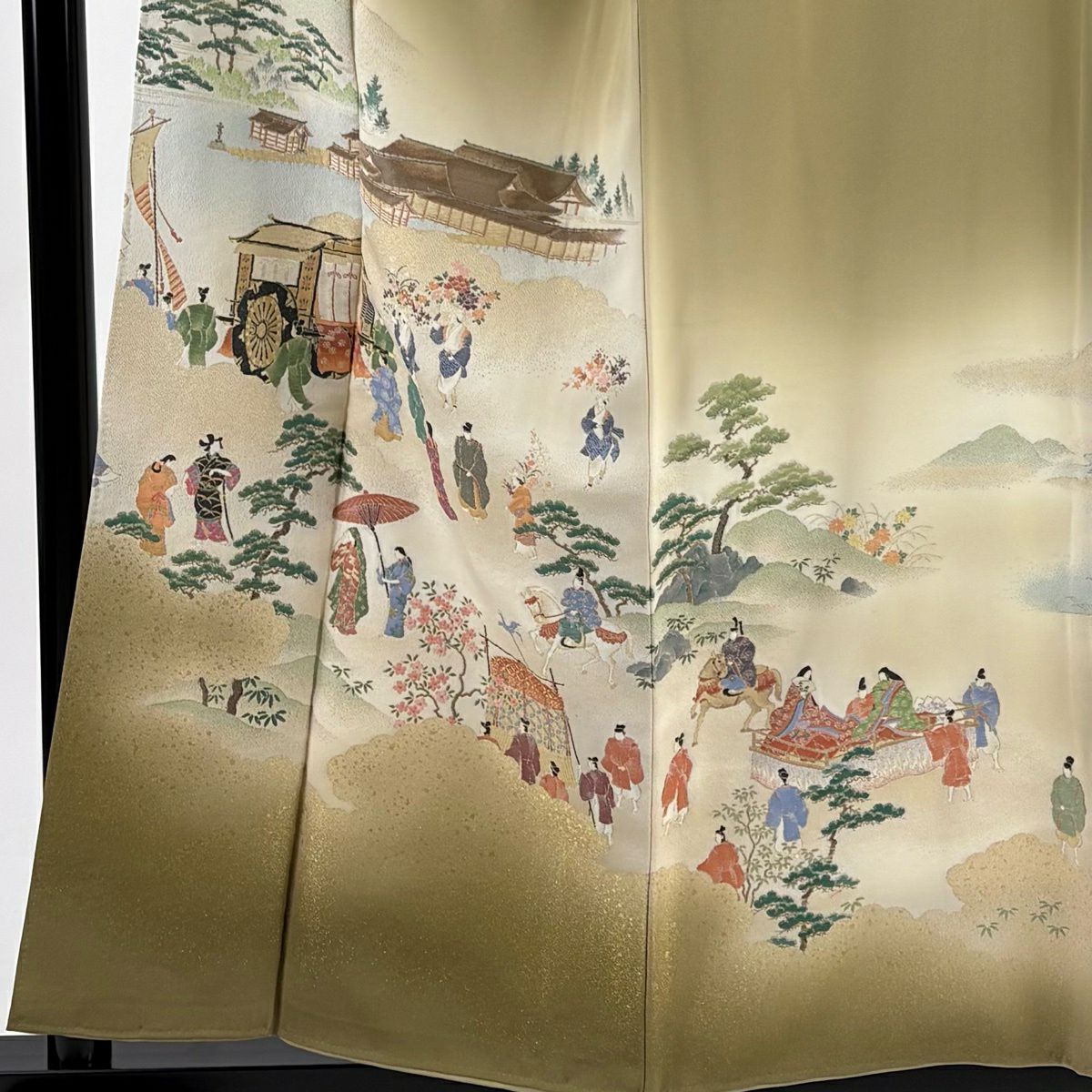 【美品】 留袖禮服禮服 身長156.5cm 袖長62.5cm S 雙層 風景 人物 金糸 淺茶 純蠶絲 秀品級 一つ紋