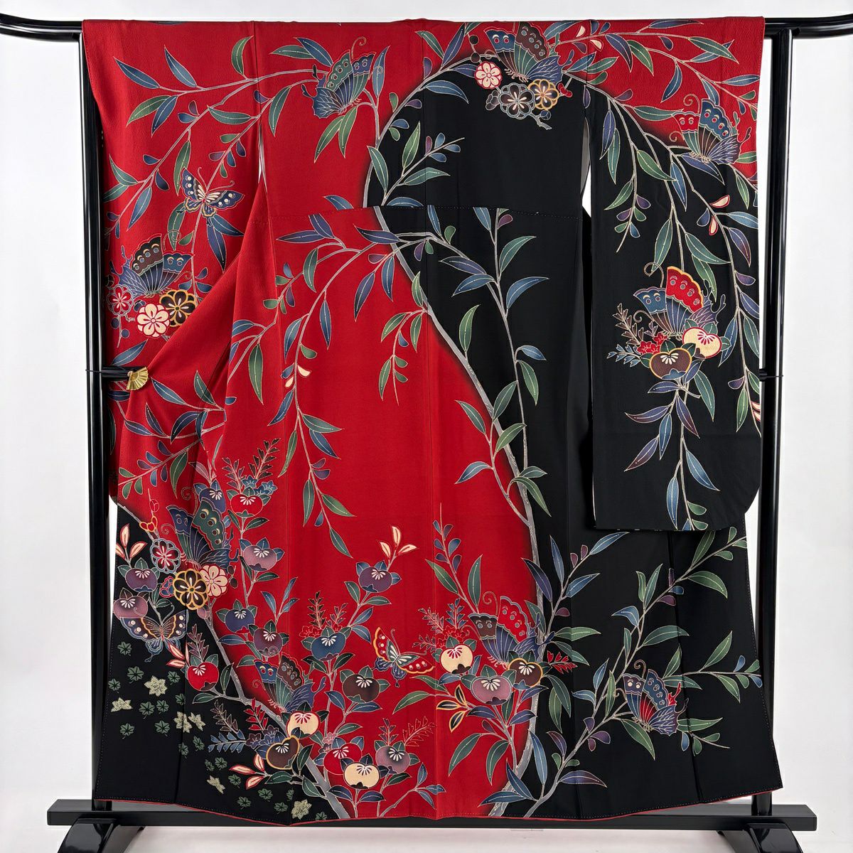 振袖禮服 身長155.5cm 袖長63.5cm S 雙層 蝶 橘 染分 紅 純蠶絲 秀品級