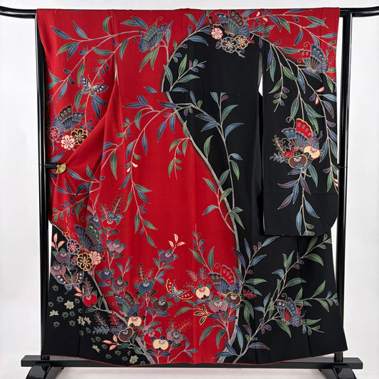 振袖禮服 身長155.5cm 袖長63.5cm S 雙層 蝶 橘 染分 紅 純蠶絲 秀品級