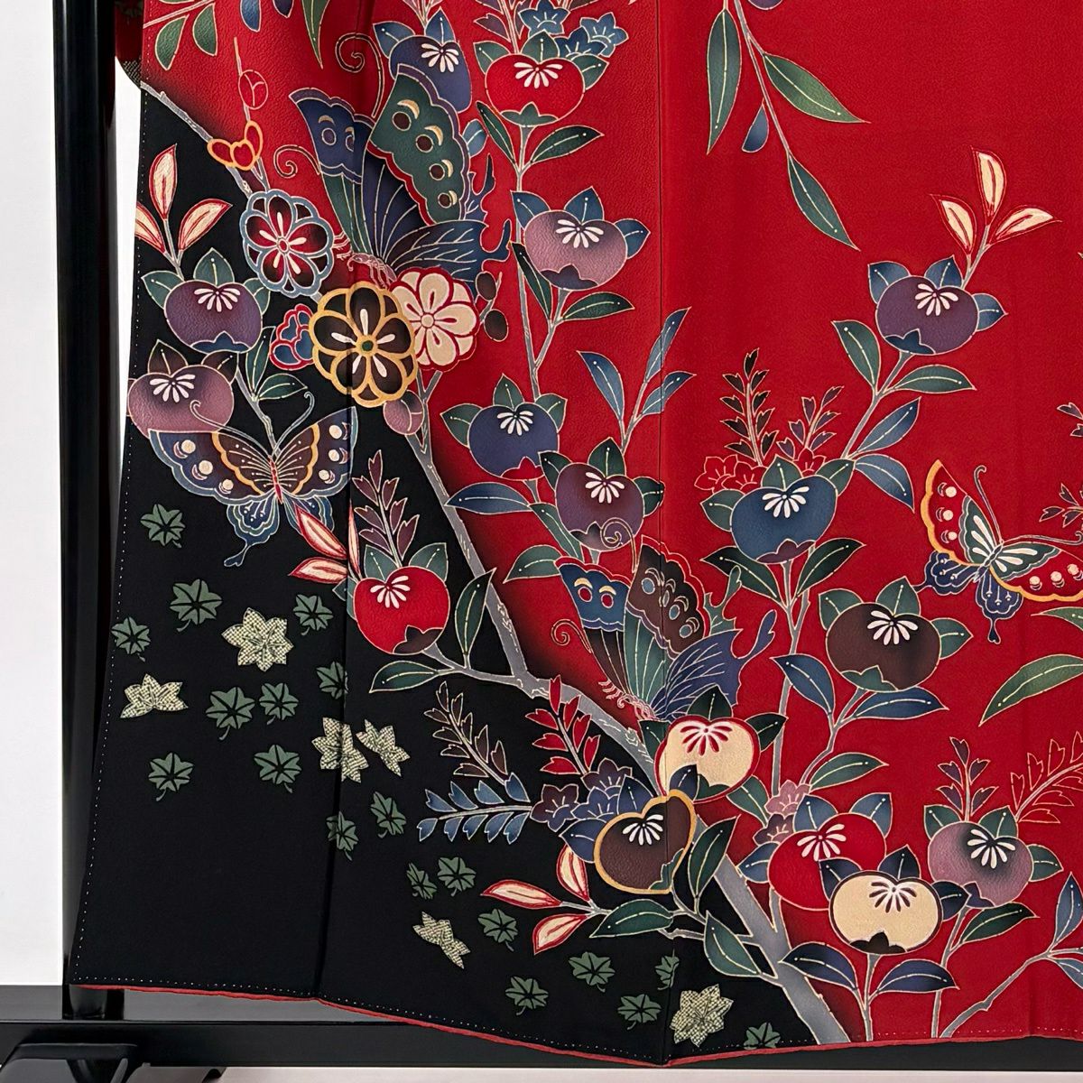 振袖禮服 身長155.5cm 袖長63.5cm S 雙層 蝶 橘 染分 紅 純蠶絲 秀品級
