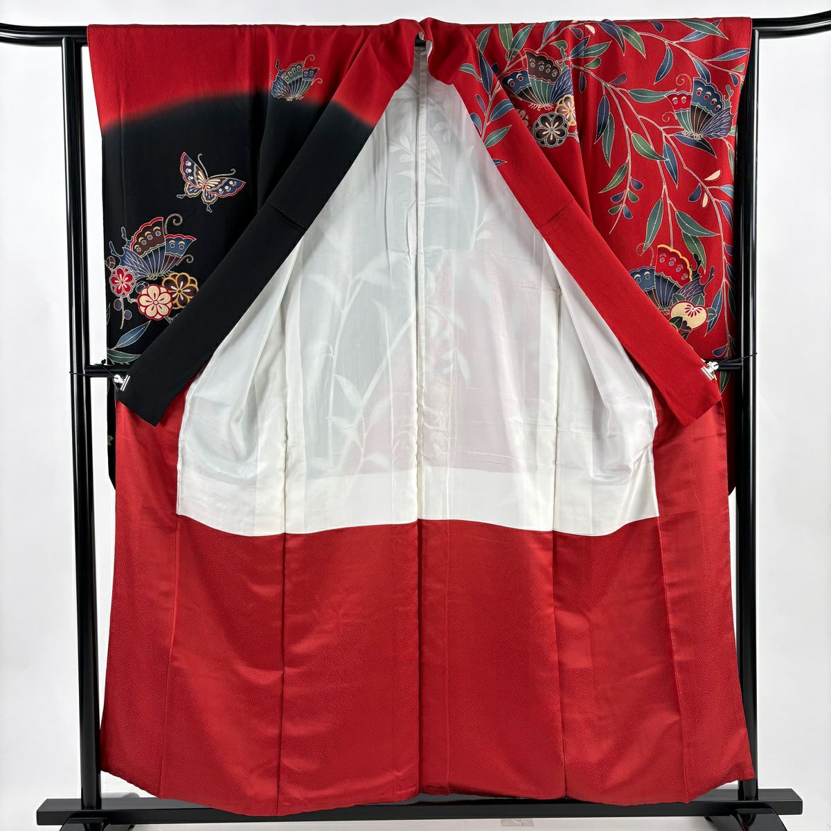 振袖禮服 身長155.5cm 袖長63.5cm S 雙層 蝶 橘 染分 紅 純蠶絲 秀品級