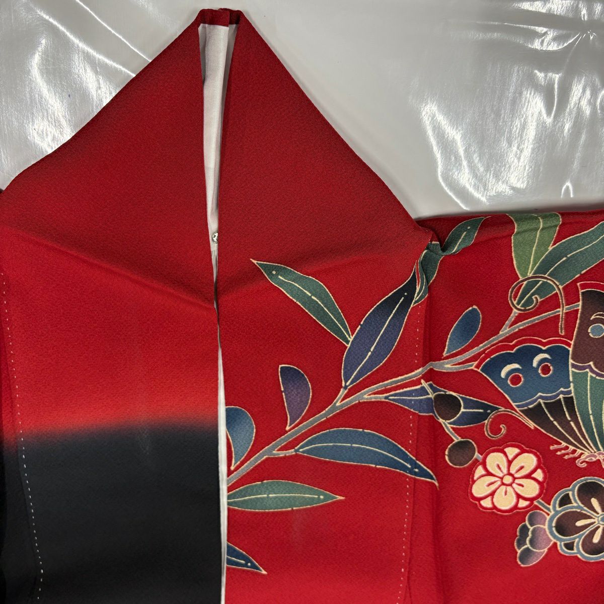 振袖禮服 身長155.5cm 袖長63.5cm S 雙層 蝶 橘 染分 紅 純蠶絲 秀品級