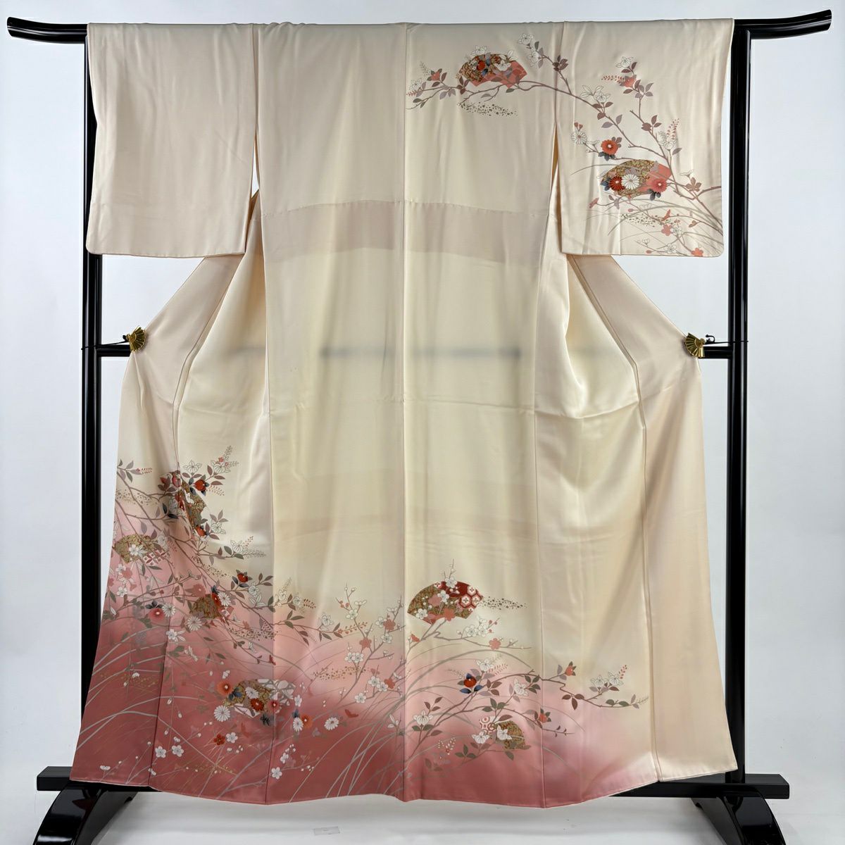 訪問服 身長160cm 袖長64.5cm M 雙層 扇子面 菊花 金彩裝飾 裾暈染 奶油色 純蠶絲 優品級