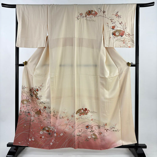 訪問服 身長160cm 袖長64.5cm M 雙層 扇子面 菊花 金彩裝飾 裾暈染 奶油色 純蠶絲 優品級