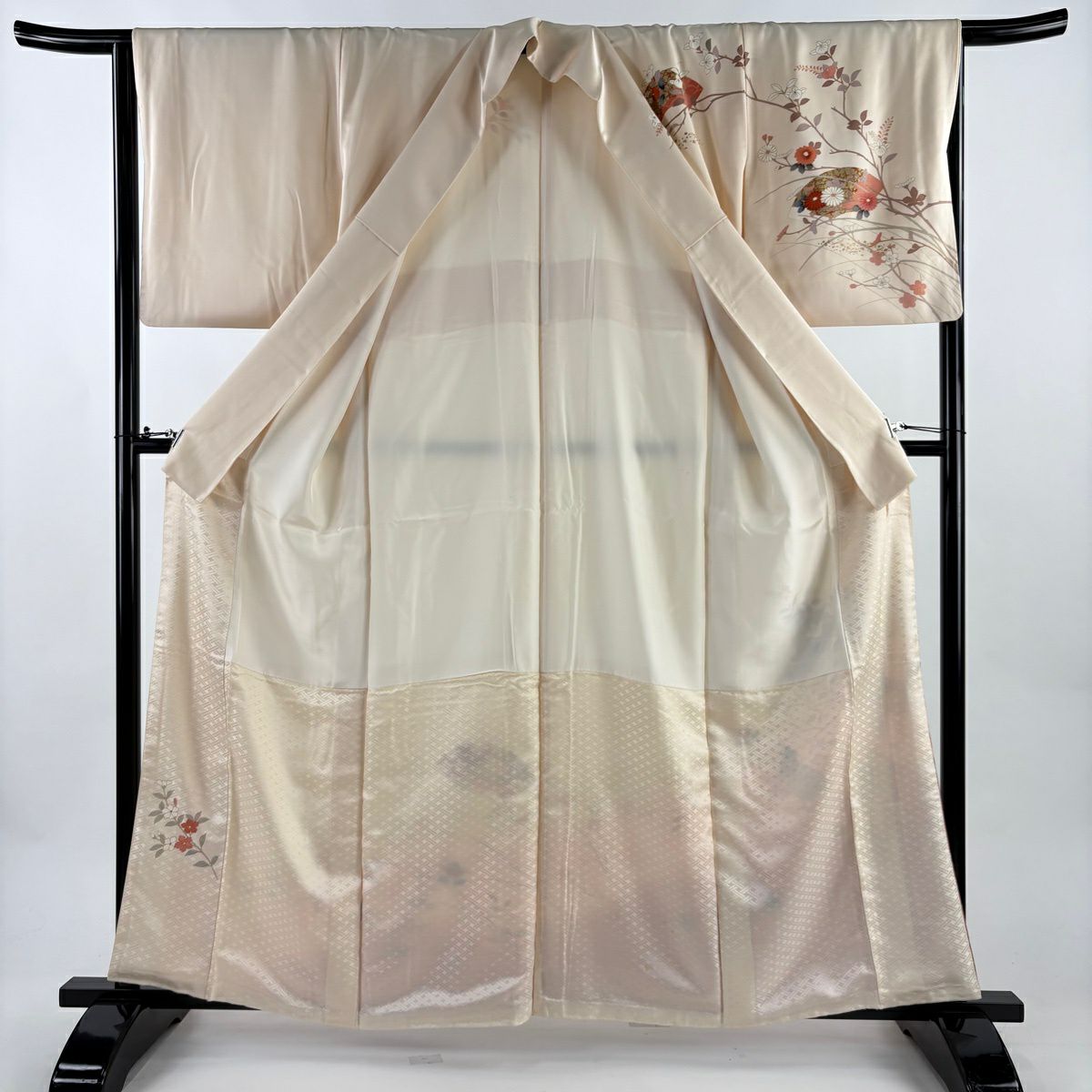 訪問服 身長160cm 袖長64.5cm M 雙層 扇子面 菊花 金彩裝飾 裾暈染 奶油色 純蠶絲 優品級