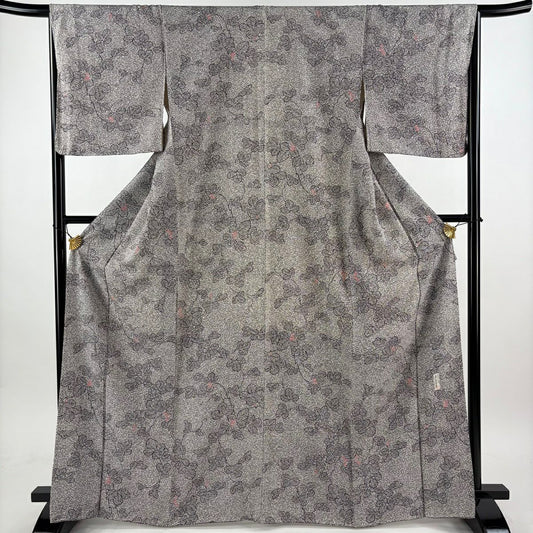 【美品】 小紋 身長166.5cm 袖長67cm M 雙層 落款あり 葉與實 灰紫 純蠶絲 秀品級