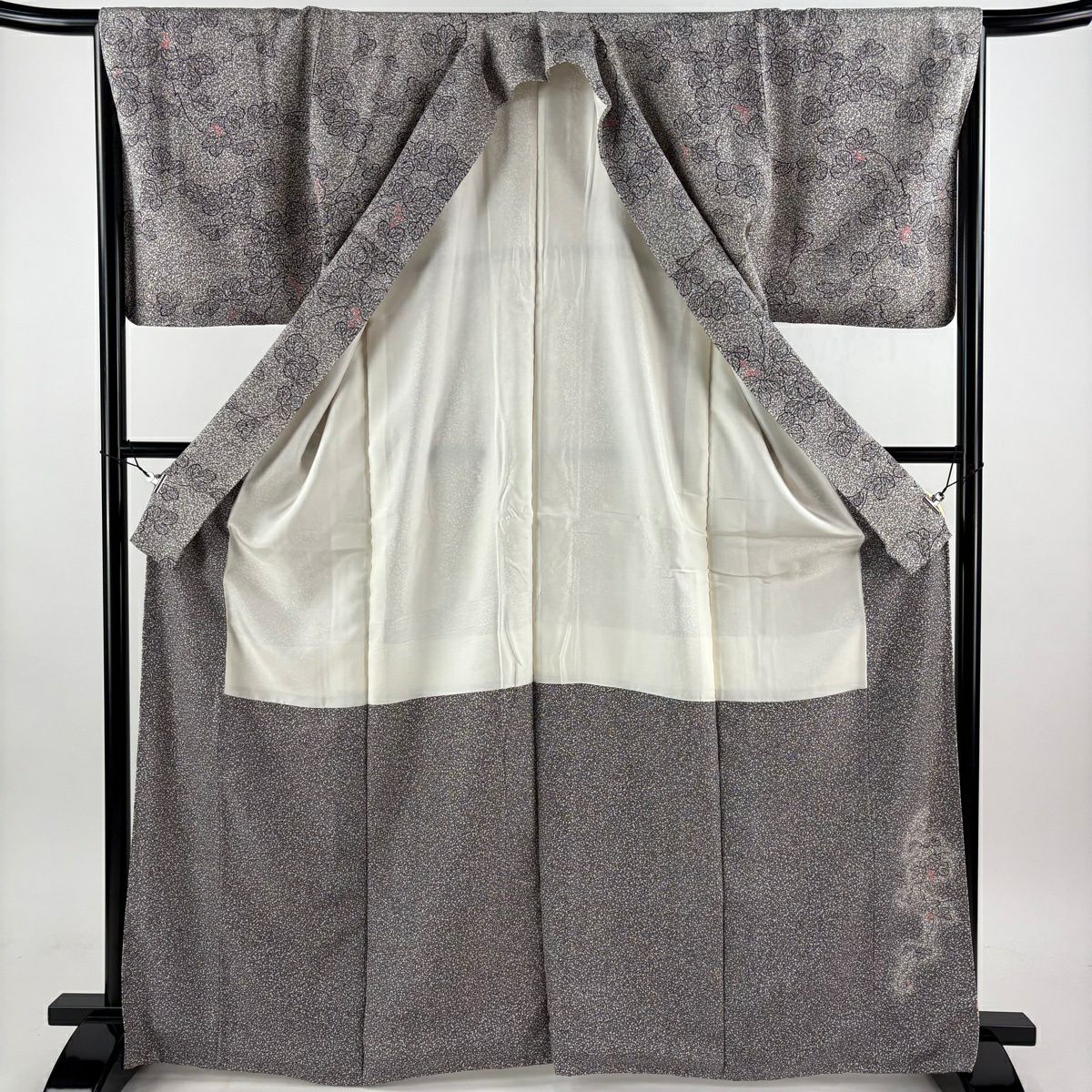 【美品】 小紋 身長166.5cm 袖長67cm M 雙層 落款あり 葉與實 灰紫 純蠶絲 秀品級