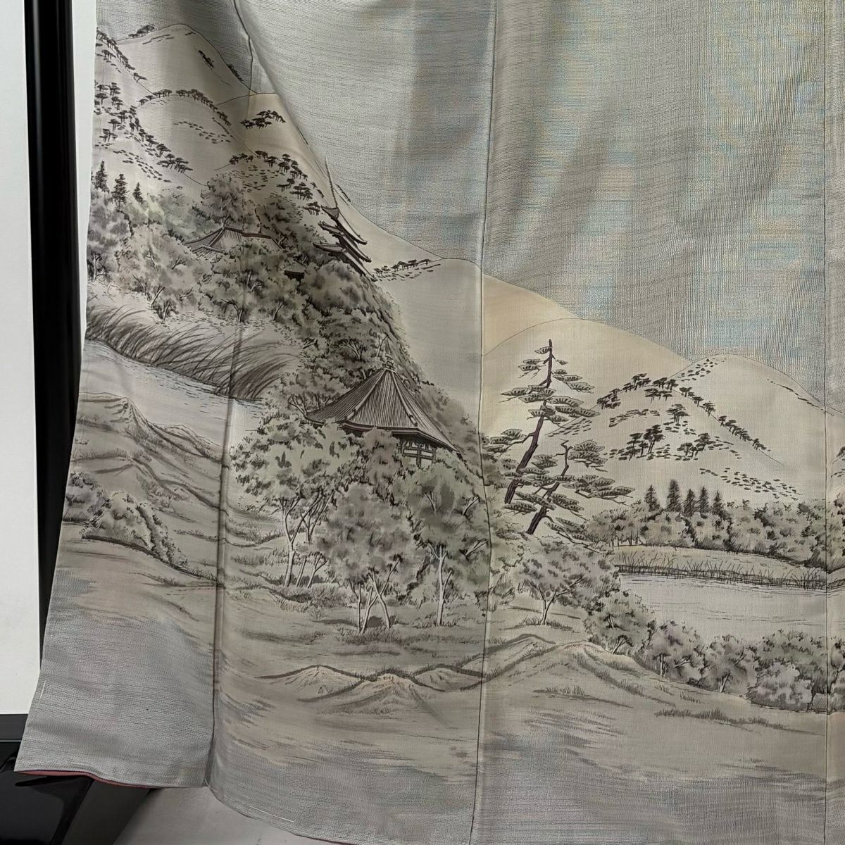 付下 身長166cm 袖長66.5cm M 雙層 大島紬織織地 證書在手 樹木 興福寺堂塔 灰 純蠶絲 優品級