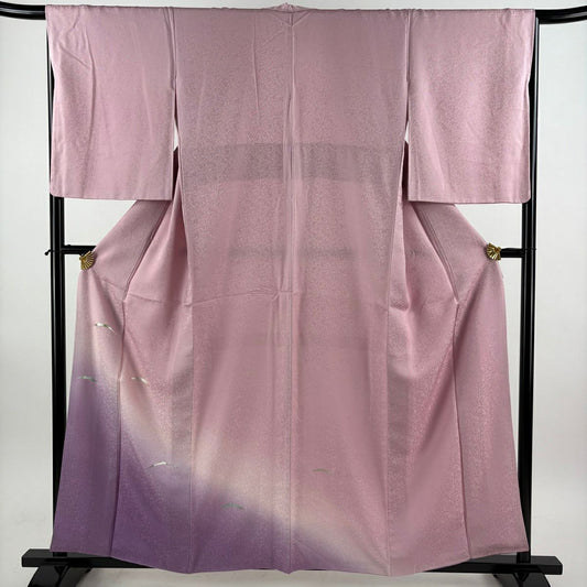【美品】 付下 身長160cm 袖長66.5cm M 雙層 芝 地紋 金銀彩 染分 粉紅 純蠶絲 秀品級
