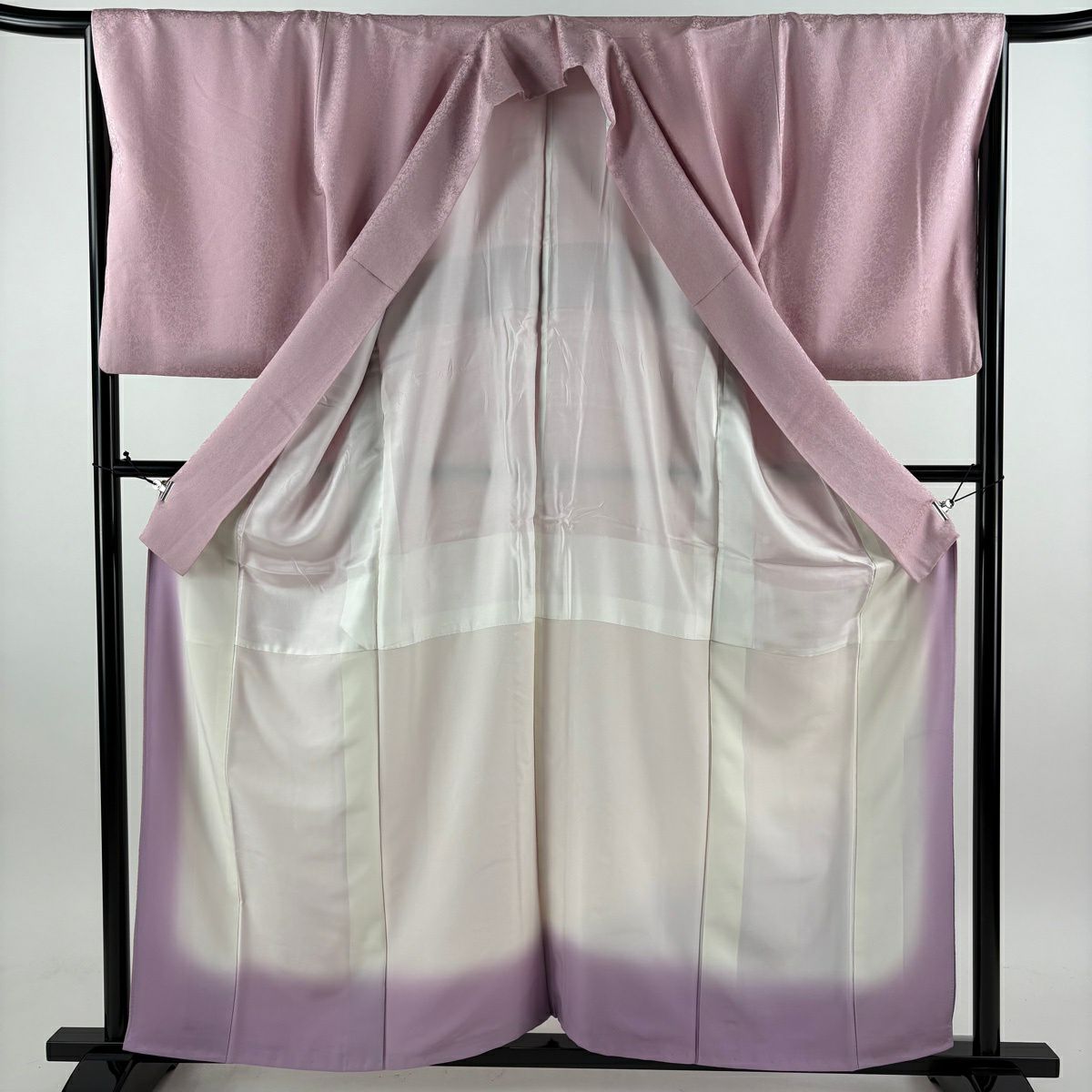 【美品】 付下 身長160cm 袖長66.5cm M 雙層 芝 地紋 金銀彩 染分 粉紅 純蠶絲 秀品級