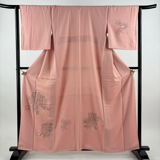 付下 身長160cm 袖長64.5cm M 雙層 御所車 草花紋刺繡 金絲 粉紅 純蠶絲 優品級