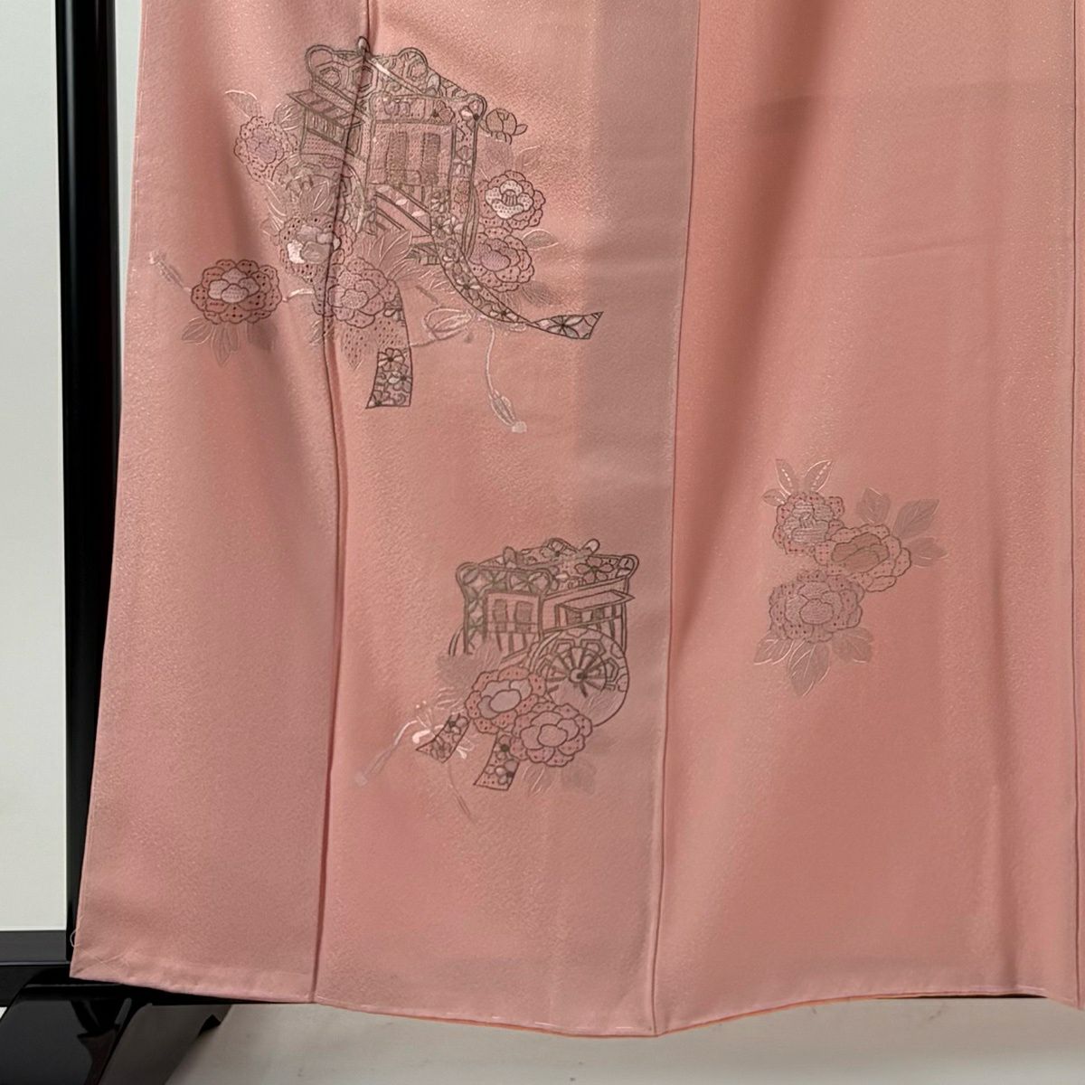 付下 身長160cm 袖長64.5cm M 雙層 御所車 草花紋刺繡 金絲 粉紅 純蠶絲 優品級