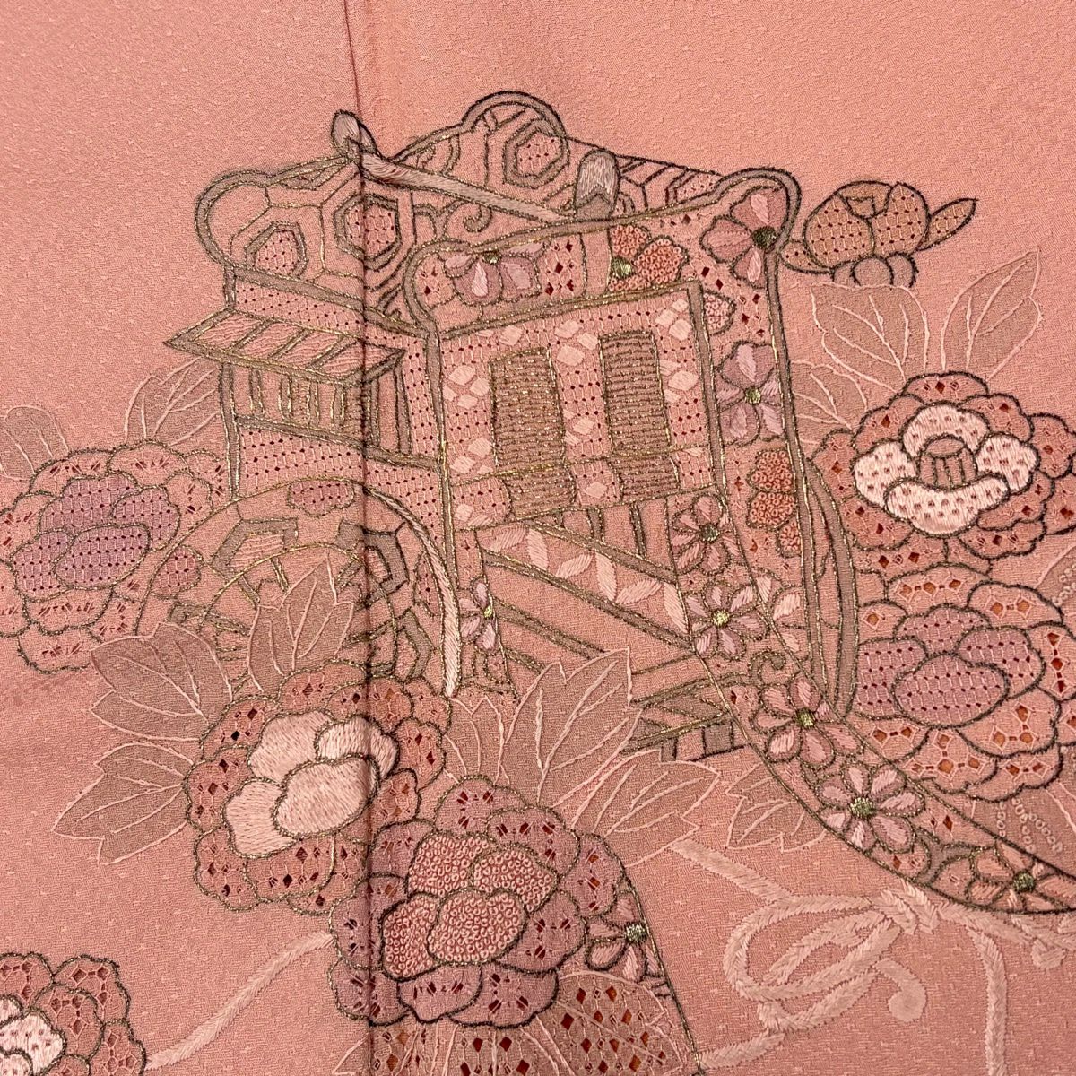 付下 身長160cm 袖長64.5cm M 雙層 御所車 草花紋刺繡 金絲 粉紅 純蠶絲 優品級