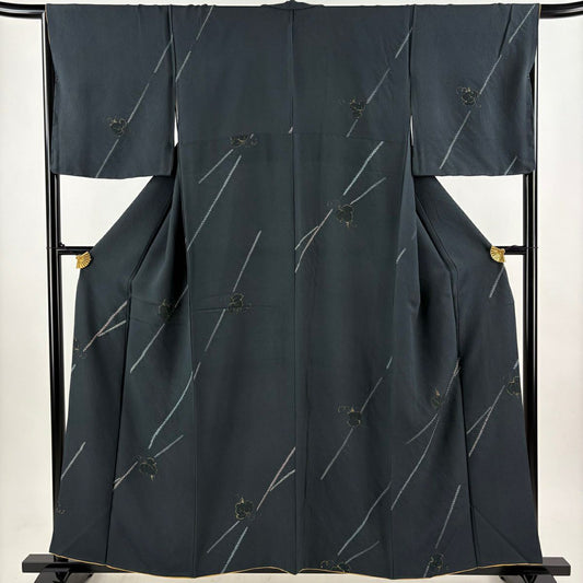 小紋 身長158cm 袖長67.5cm L 雙層 蔦 幾何圖案 金彩裝飾 絞染 深綠 純蠶絲 優品級