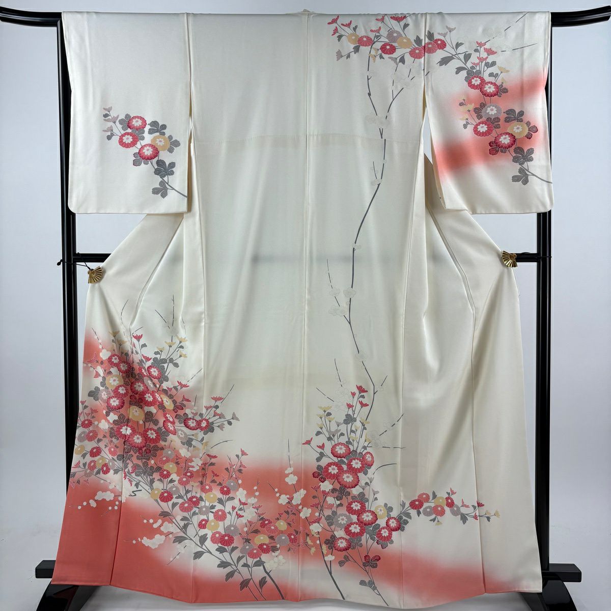 訪問服 身長165.5cm 袖長66.5cm M 雙層 菊花 枝梅花 染分 逐漸淡化 奶油色 純蠶絲 優品級