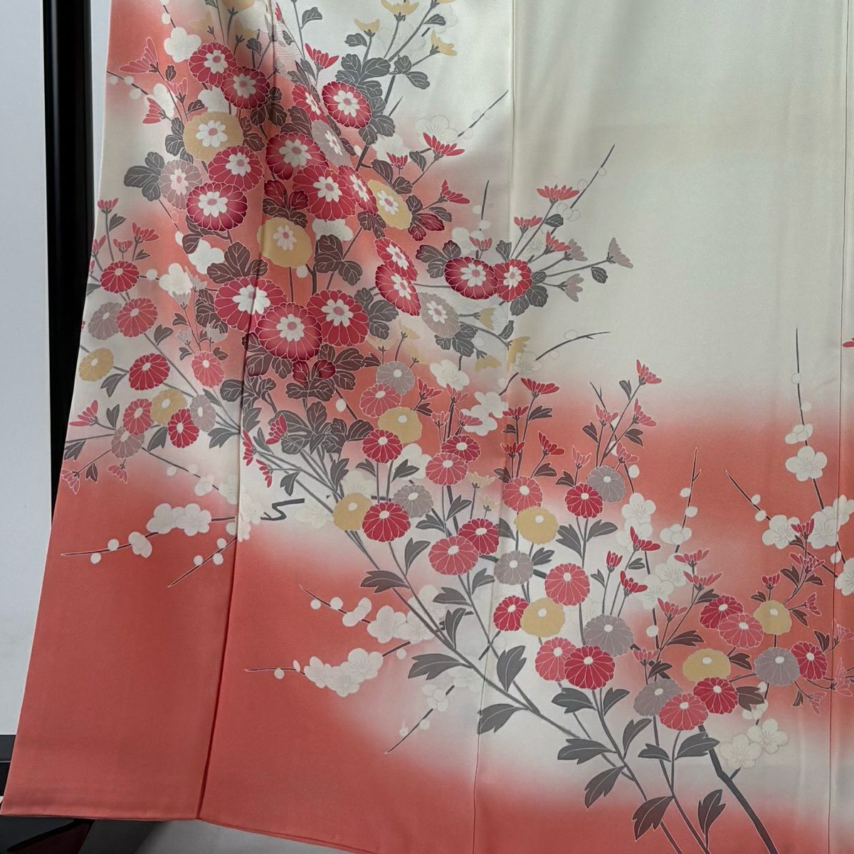 訪問服 身長165.5cm 袖長66.5cm M 雙層 菊花 枝梅花 染分 逐漸淡化 奶油色 純蠶絲 優品級
