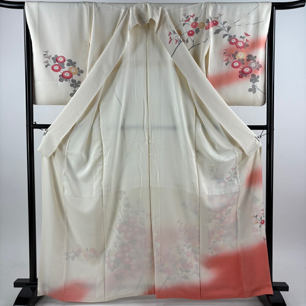 訪問服 身長165.5cm 袖長66.5cm M 雙層 菊花 枝梅花 染分 逐漸淡化 奶油色 純蠶絲 優品級